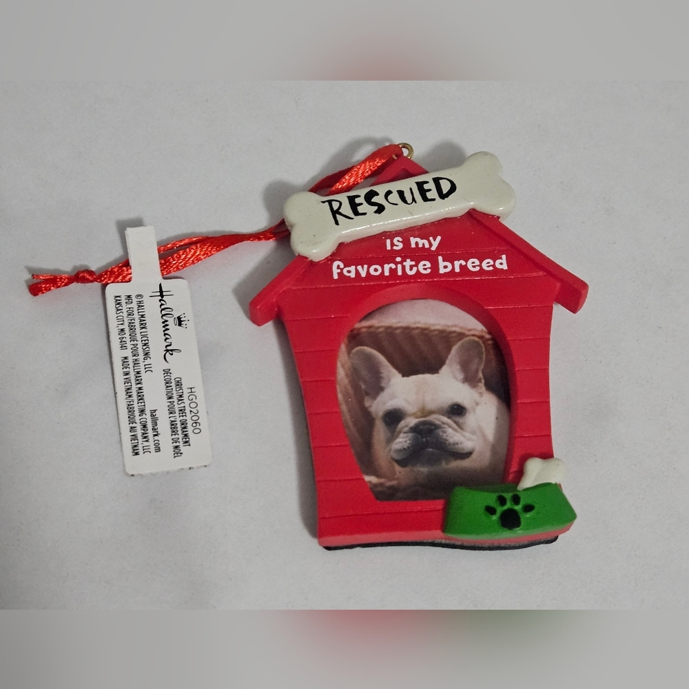 Rescued is My Favorite Breed Doghouse Photo Frame Christmas Ornament NWT